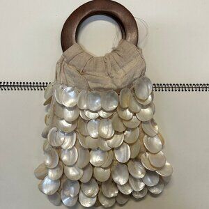 Cream, Natural Mother of Pearl Handbag with Wood Handles, NWT